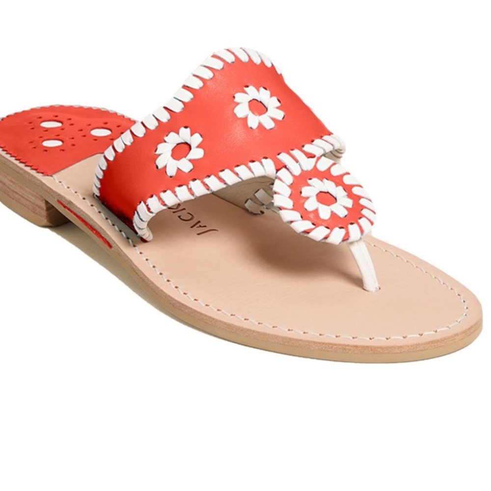 Jack Rogers Fire Red & White Leather Flat Thong Sandals Size 7